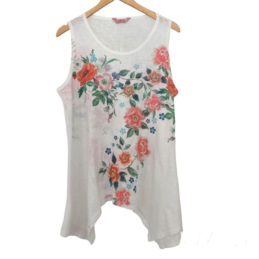 SJS Sleeveless Knit Shirt Tank Rhinestones Shark Bite Hem Size L Floral